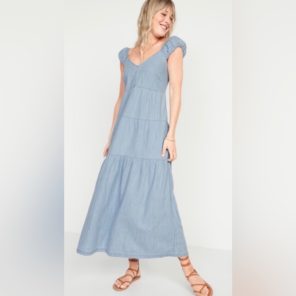 Old Navy Denim Chambray Tiered All-Day Fit & Flare Maxi Dress